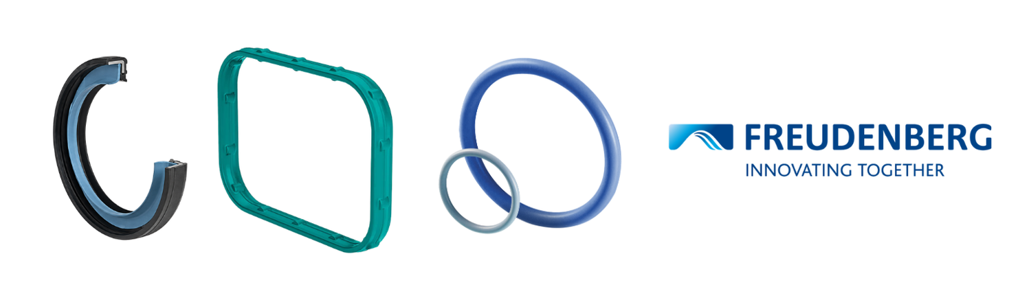 Freudenberg Simmerring radial shaft seal shown in cutaway, a green moulded rectangular gasket, two blue O-rings, and the Freudenberg logo with the tagline Innovating Together